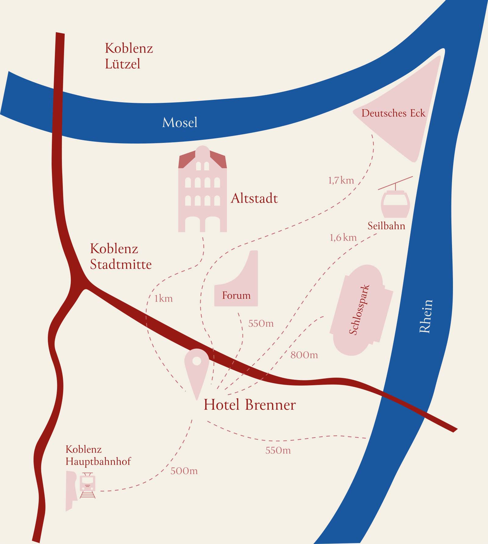 Die Karte verdeutlicht die beste Lage des Hotel Koblenz in der Stadtmitte